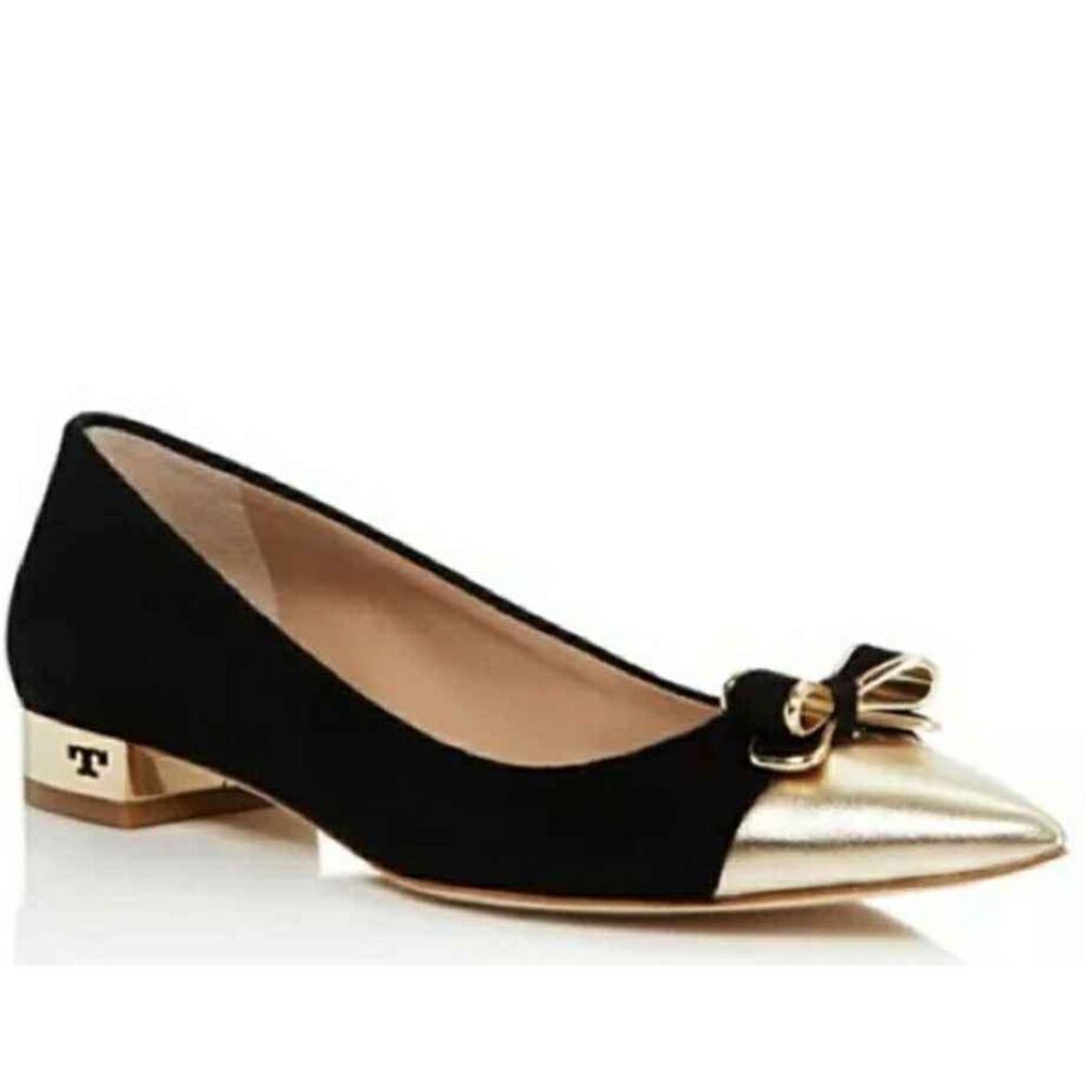 Tory Burch Designer Belleville Metallic Pointed Toe Flats Black/Gold Size 5M
